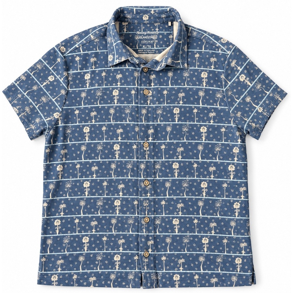 Tommy Bahama IslandZone Mens XL Blue Palm Tree Supima Cotton Button Up Shirt